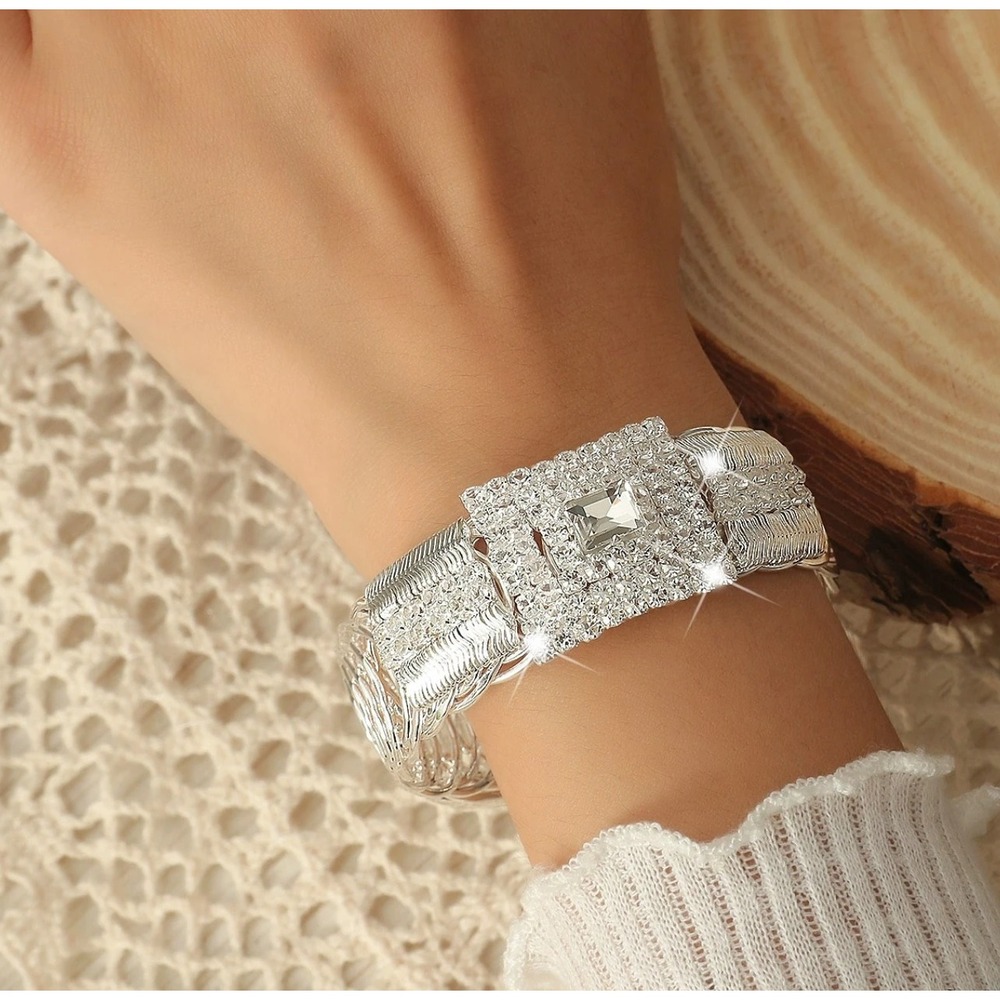 Silver Rhinestone Statement Cuff Bracelet Wide‎ Crystal Mesh Wrap Bridal Jewelry